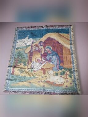 Vintage Woven Nativity Scene Tapestry Throw Blanket Sz 48x56